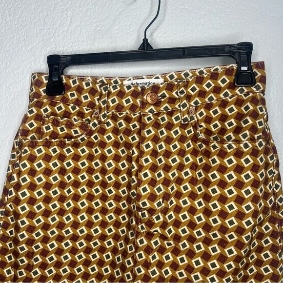 Reformation Jeans Patterned Denim Mini Women’s Jean Brown/Burgundy Skirt Sz 26 - Picture 4 of 11